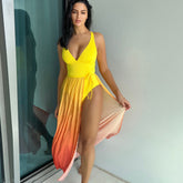 Ombré Sarong Solid Moderate Ribbed V Neck Brazilian One Piece Swimsuit